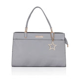 Grey faux leather textured adjustable long belt handbag with zipper closure and dual handle strap