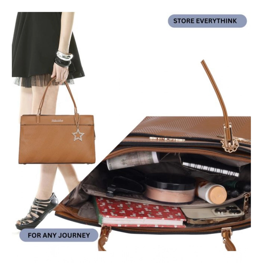 Brown faux leather textured adjustable long belt handbag with zipper closure and dual handle strap