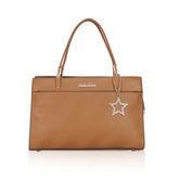 Brown faux leather textured adjustable long belt handbag with dual handle and zipper closure