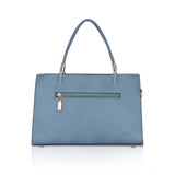 Blue faux leather textured adjustable long belt handbag with zipper closure and dual handles