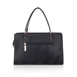 Black faux leather textured adjustable long belt handbag with dual handle and zipper closure