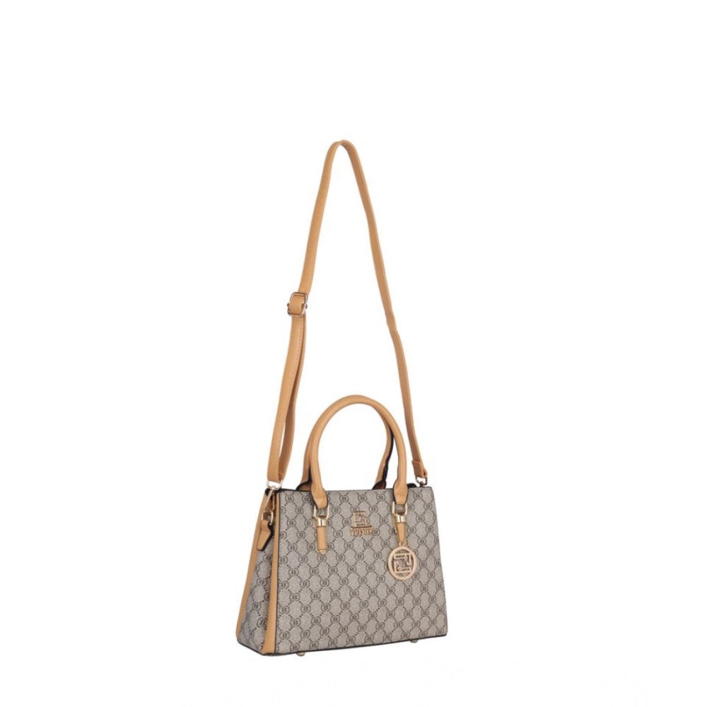 Faux leather printed camel handbag with dual handle, synthetic lining, zipper closure on display stand