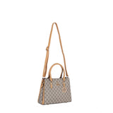 Faux leather printed camel handbag with dual handle, synthetic lining, zipper closure on display stand