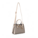 Beige faux leather printed handbag with dual handle, synthetic lining, zipper closure - fashion accessory on display stand