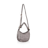 Silver grey faux leather textured handbag with dual handle, ideal for everyday use