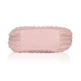 Pink faux leather textured handbag with dual handle, zipper closure