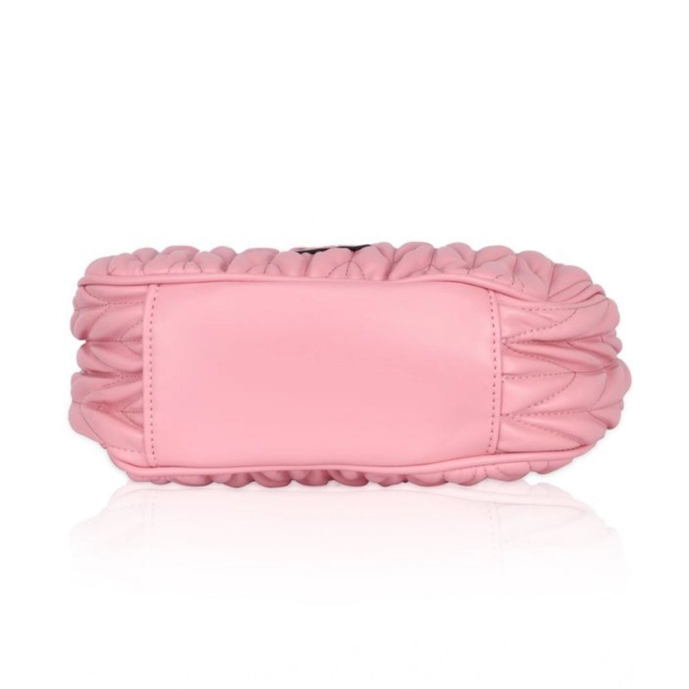 Pink faux leather textured handbag with dual handle and zipper closure