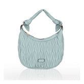 Blue faux leather textured handbag with dual handle, synthetic lining, and zipper closure