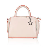Pink faux leather metal beads handbag with dual handle, featuring zipper closure and intricate bead patterns