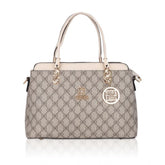 Beige faux leather printed handbag with dual handle and zipper closure, synthetic lining, stylish accessory for women