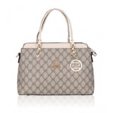 Beige faux leather printed handbag with dual handle, zipper closure for women's fashion accessories