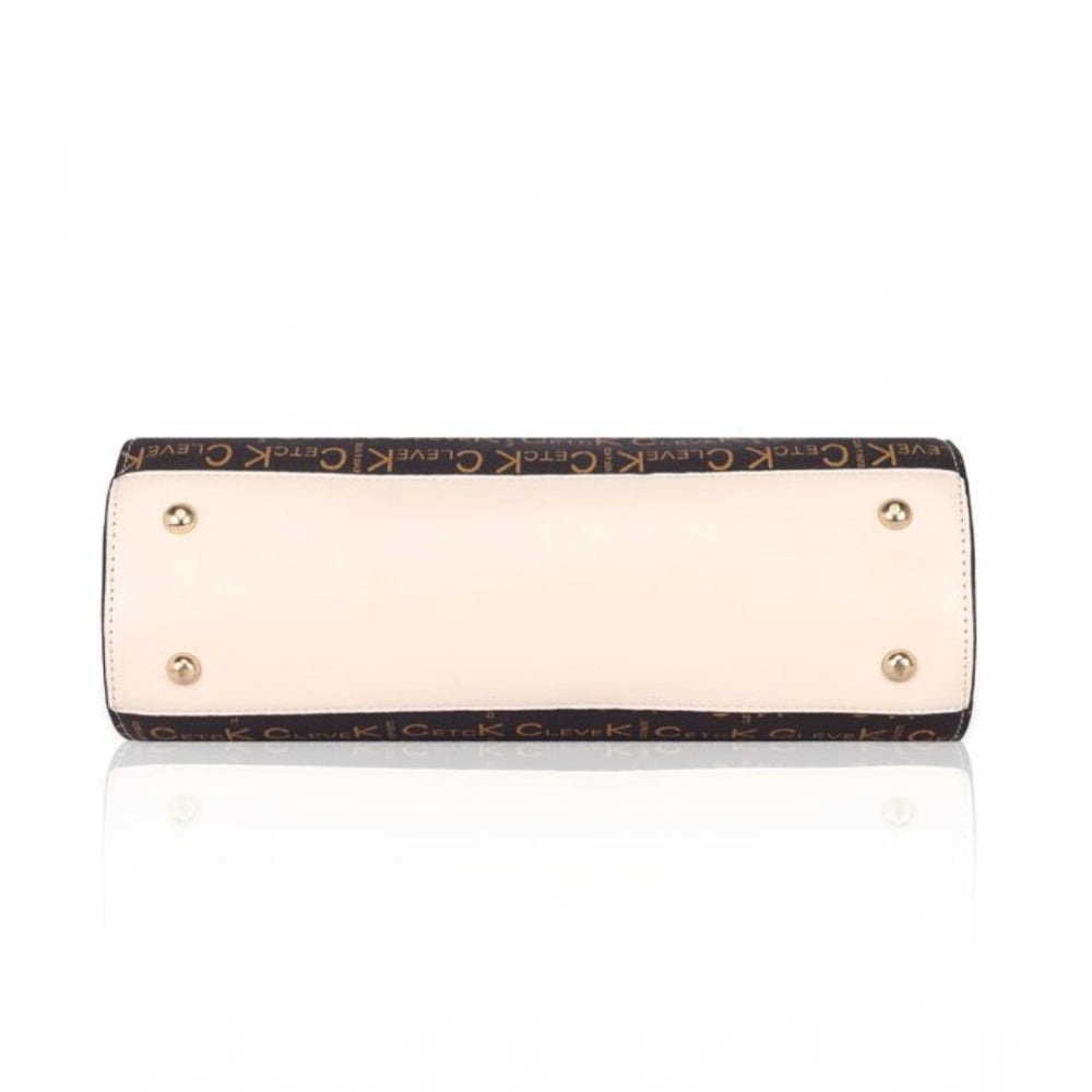 Beige faux leather printed handbag with dual handle and zipper closure, synthetic inner material