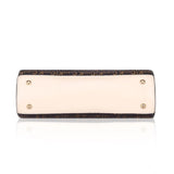 Beige faux leather printed handbag with dual handle and zipper closure, synthetic inner material