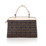 Beige faux leather printed handbag with dual handle, ideal for women's style accessory