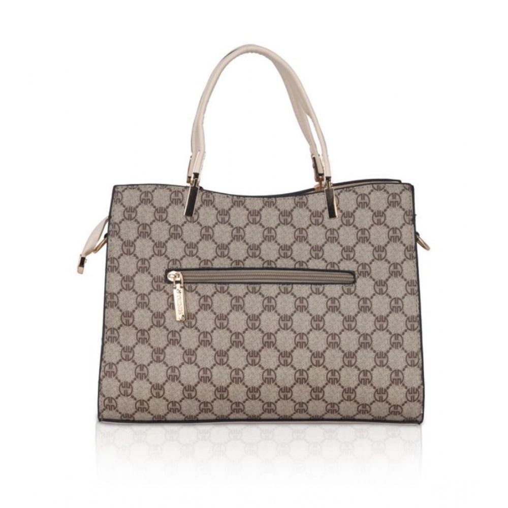 Beige faux leather printed handbag with zipper closure and dual handle strap