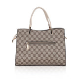 Beige faux leather printed handbag with zipper closure and dual handle strap