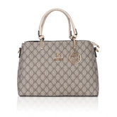 Beige faux leather printed handbag with dual handle and zipper closure, synthetic inner material