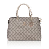 Beige faux leather printed handbag with dual handle and zipper closure, synthetic inner material