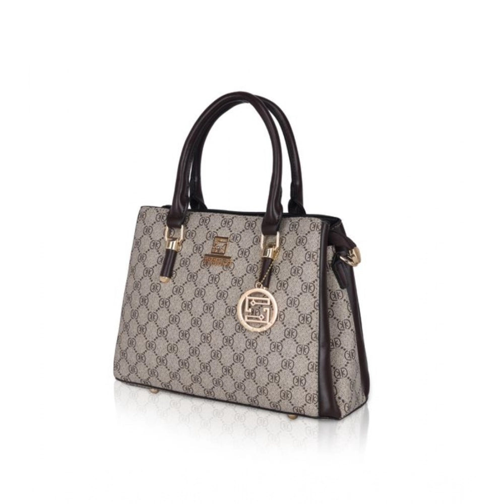 Coffee faux leather printed handbag with dual handle, synthetic lining, and zipper closure