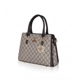 Coffee faux leather printed handbag with dual handle, synthetic lining, and zipper closure
