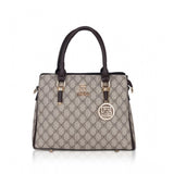 Coffee faux leather printed women's handbag with dual handle and zipper closure