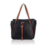 Black faux leather textured tote bag with dual handle and zipper closure