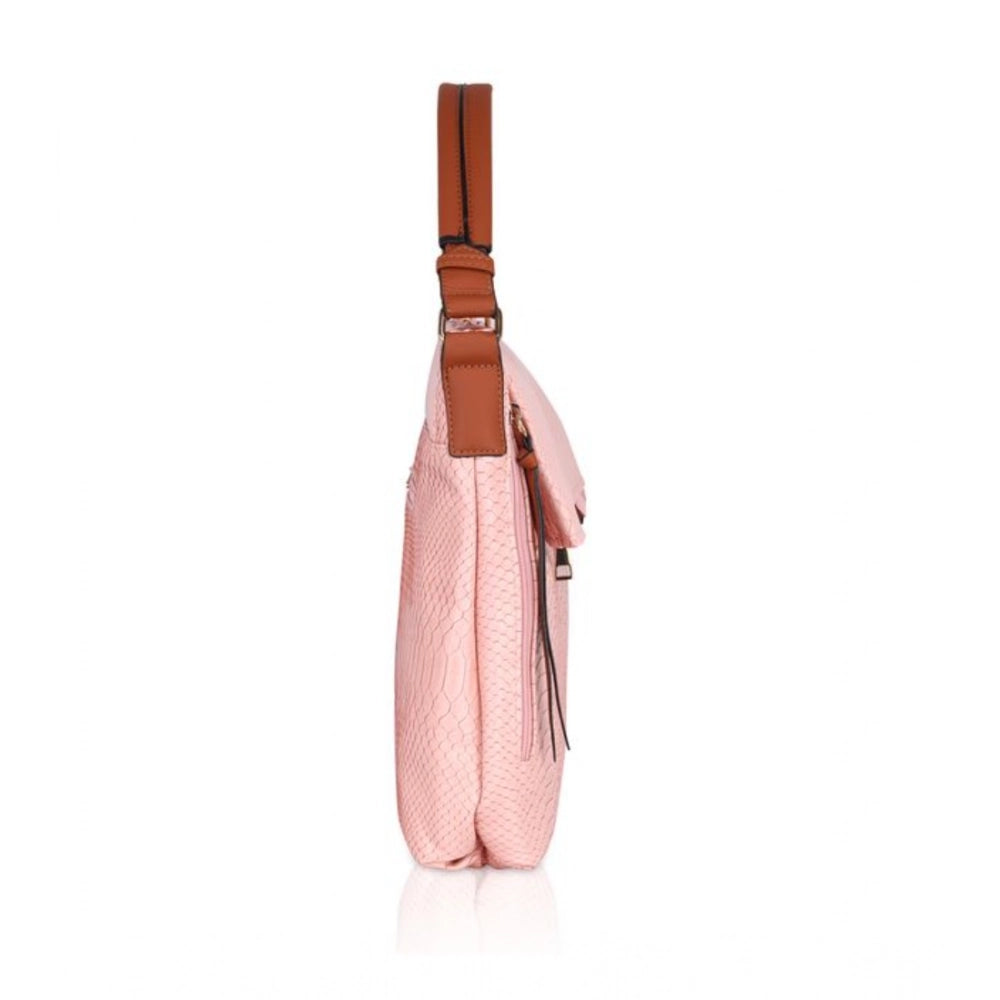 Pink faux leather textured sling bag with dual handle, features zipper closure