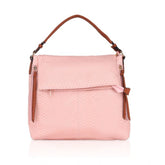Pink faux leather textured sling bag with dual handle, synthetic lining and zipper closure