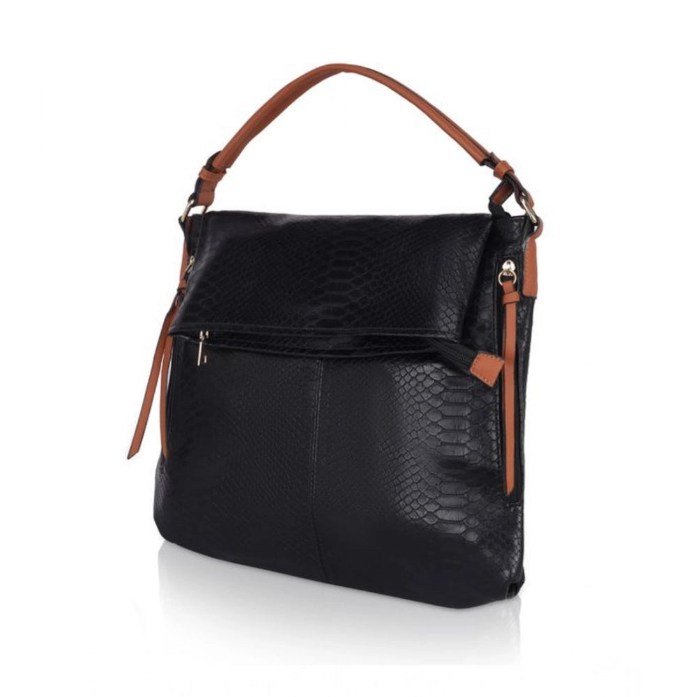 Black faux leather textured sling bag with dual handle, ideal for everyday use