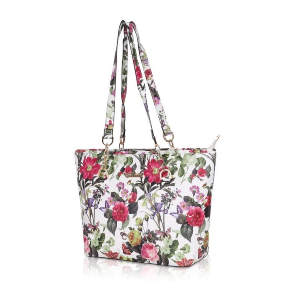 White pink faux leather printed tote bag with dual handles, synthetic inner material, and zipper closure