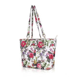 White pink faux leather printed tote bag with zipper closure and dual handle straps