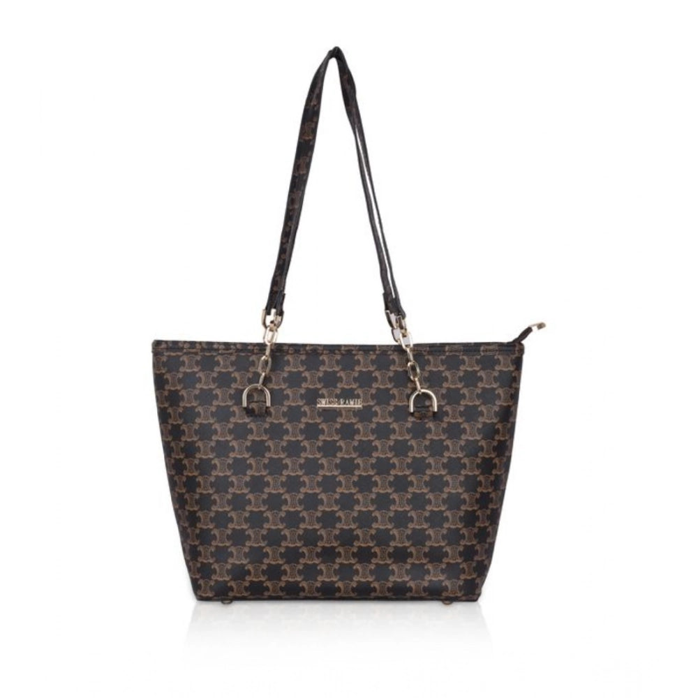 Brown faux leather printed tote bag with dual handle, synthetic lining, zipper closure