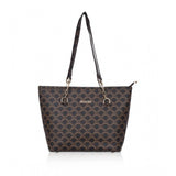 Brown faux leather printed tote bag with dual handle and zipper closure