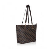 Brown faux leather printed tote bag with dual handles and zipper closure, synthetic lining