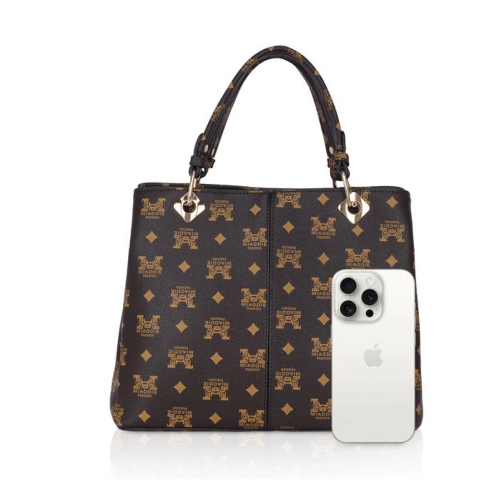 Brown faux leather printed handheld bag with dual handle and zipper closure