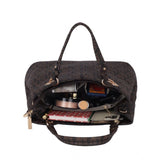 Brown faux leather printed handheld bag with dual handles and zipper closure