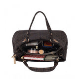 Brown faux leather printed handheld bag with dual handle and zipper closure