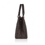 Brown faux leather printed handheld bag with dual handles and zipper closure
