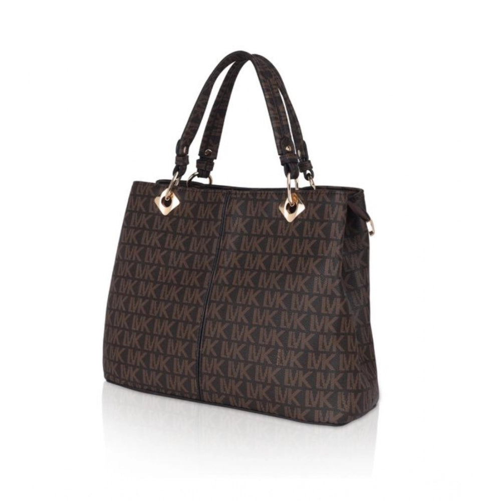 Brown faux leather printed handheld bag with dual handles and zipper closure