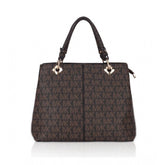 Brown faux leather printed handheld bag with dual handle and zipper closure