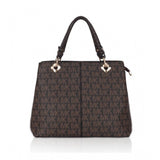 Brown faux leather printed handheld bag with dual handle and zipper closure
