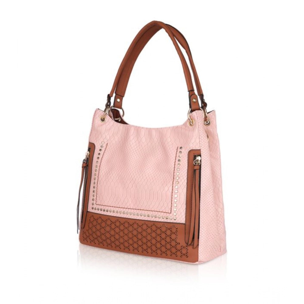 Pink faux leather printed tote bag with zipper closure and dual handle