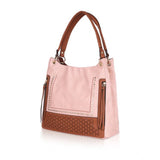 Pink faux leather printed tote bag with zipper closure and dual handle