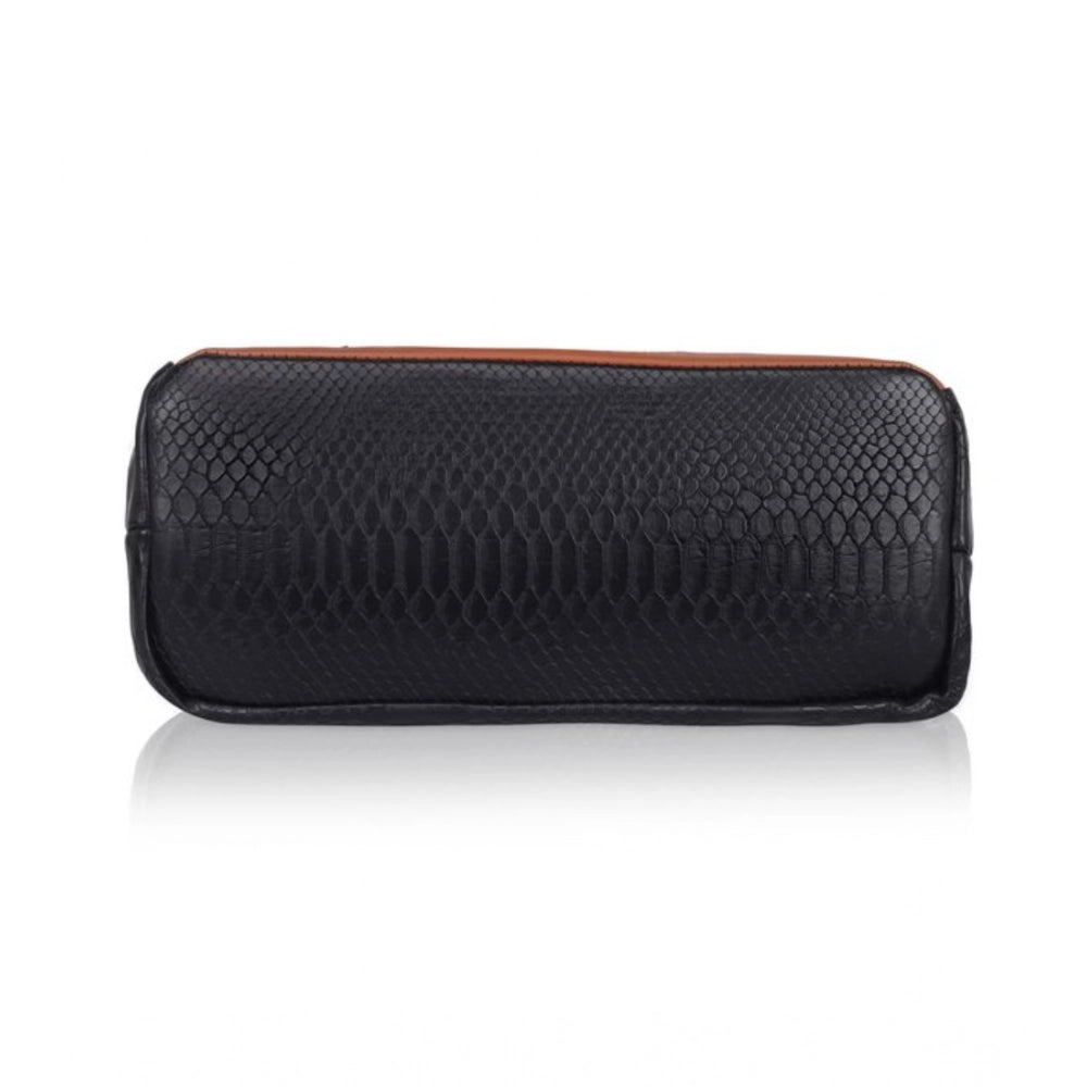 Black faux leather textured tote bag with dual handle, zipper closure, and synthetic inner material