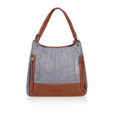 Blue faux leather textured tote bag with zipper closure and dual handles