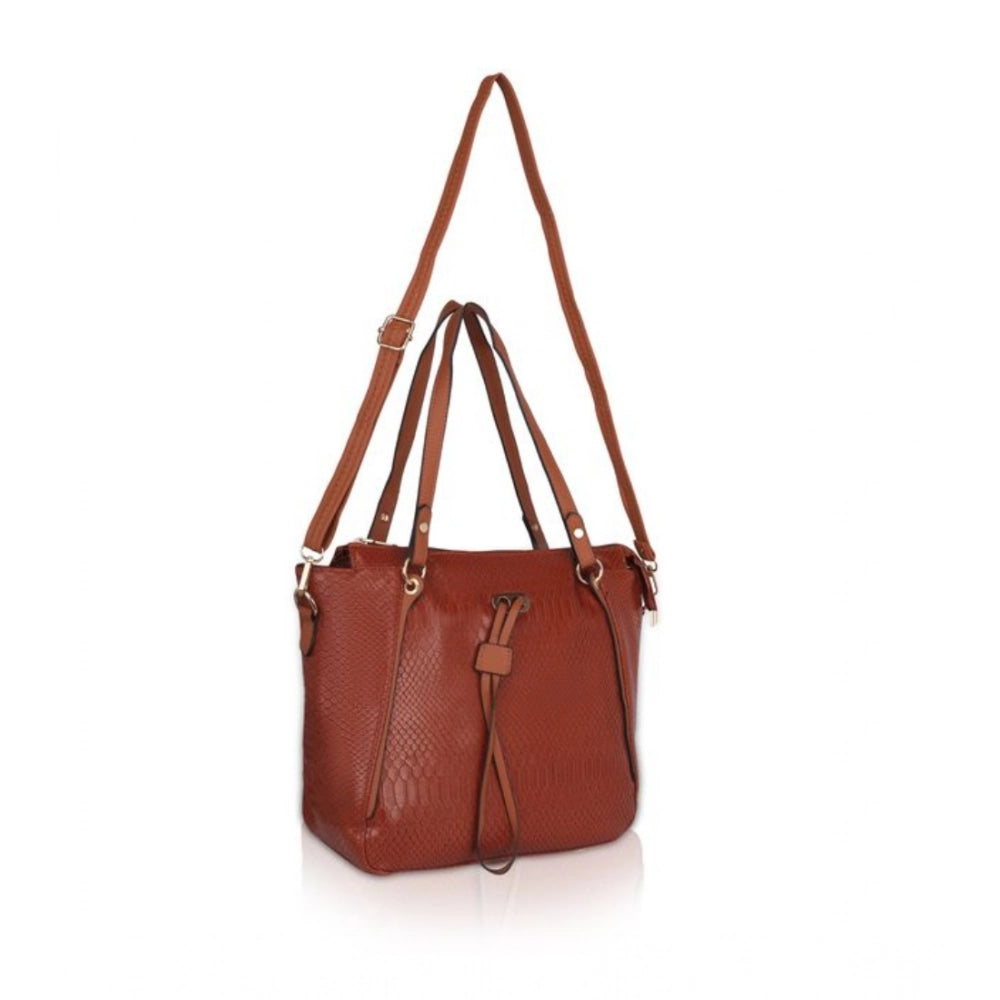 Brown faux leather textured tote bag with zipper closure and dual handles