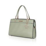 Green faux leather textured adjustable long belt handbag with dual handle and zipper closure