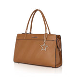 Brown faux leather textured adjustable long belt handbag with dual handle and zipper closure