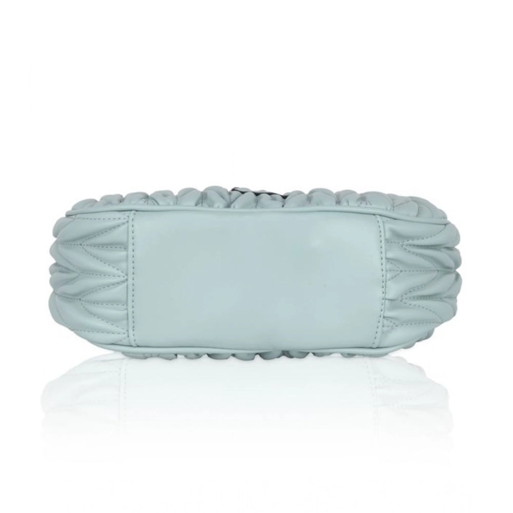 Blue faux leather textured handbag with dual handle, synthetic lining, and zipper closure