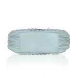 Blue faux leather textured handbag with dual handle, synthetic lining, and zipper closure